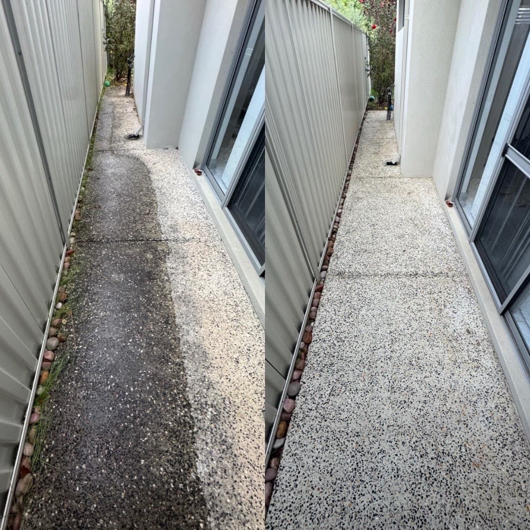 Aggregate side path, half grimy and half washed, then fully restored